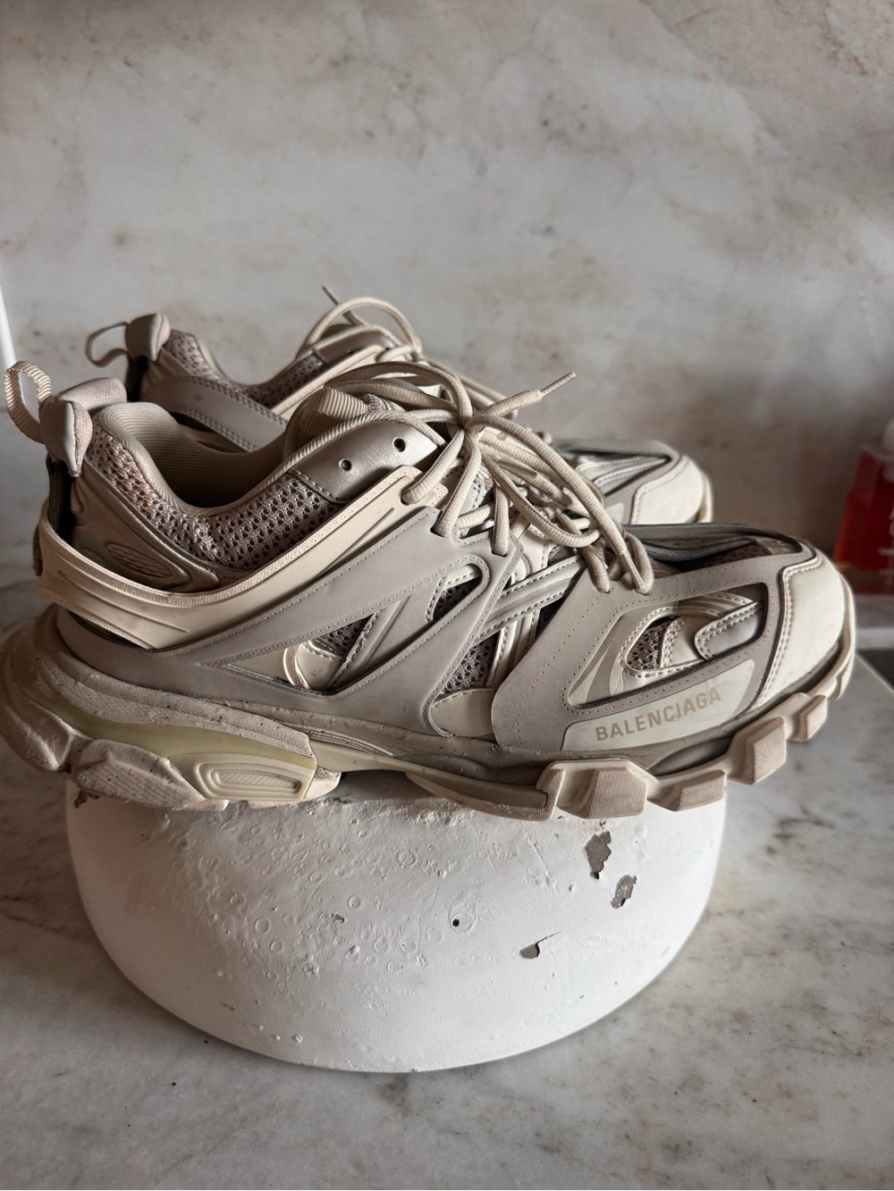 Balenciaga Men's Beige Layered Runner Sneakers